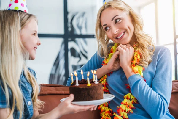 Close Small Girl Kid Presenting Birthday Cake Her Mom Home — Stock Photo, Image