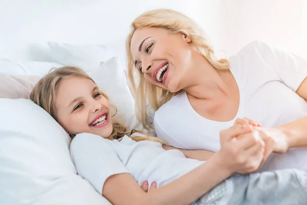 Happy Mother Daughter Playing Having Fun Home — Stock Photo, Image