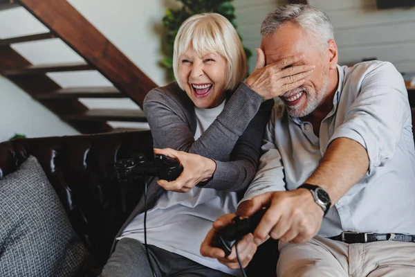 Couple Caucasian Retired Seniors Playing Video Games Together Home Stock Picture