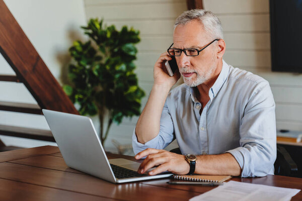 Remote Working Concept Mature Man Working Home Computer Stock Image