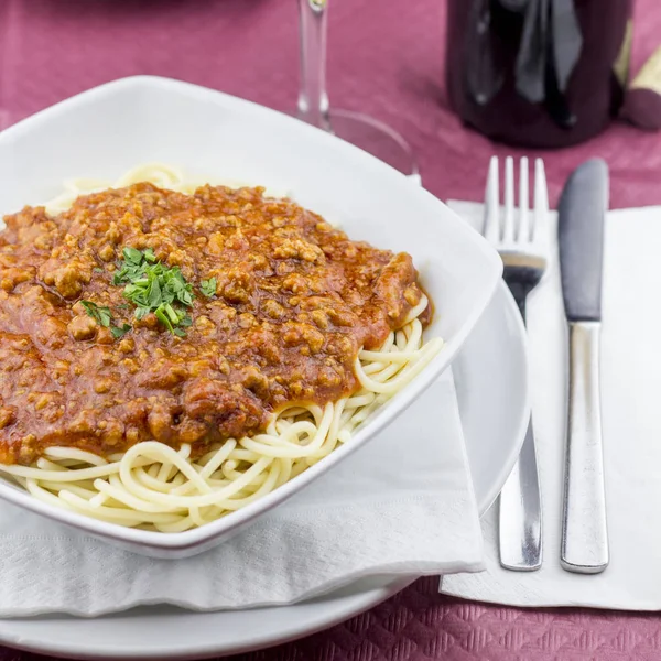Closeup Spaghetti Bolognese White Plate — Stock Photo, Image