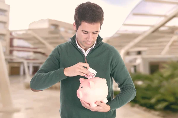 Hispanic Man Holding Piggy Bank Money Banknote Savings Concept — Stock Photo, Image