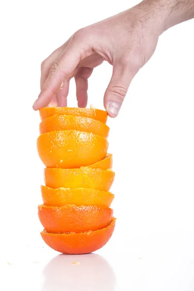 Imagen Recortada Mano Tocando Pieles Piel Naranja Exprimida — Foto de Stock