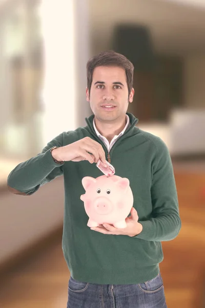 Hispanic Man Holding Piggy Bank Money Banknote Savings Concept — Stock Photo, Image