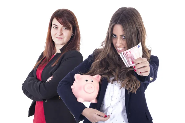 Two Women Studio Piggy Bank Money Cash — Stock Photo, Image