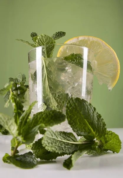 Copa Refrescante Con Mojito Cocktail Rodaja Limón Hojas Menta — Foto de Stock