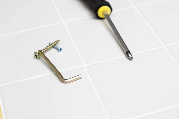 Workplace Table Metallic Hex Key Screws Screwdriver — Stock Photo, Image