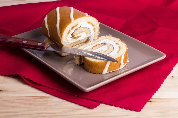 Spiral Chocolate Creamy Cake Pieces Plate Knife — Stock Photo, Image