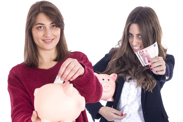 Smiling Women Studio Cash Money Banknotes Piggybanks — Stock Photo, Image