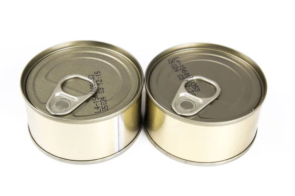 Two Closed Aluminum Cans Conserved Fish Tins Isolated White Studio — Stock Photo, Image