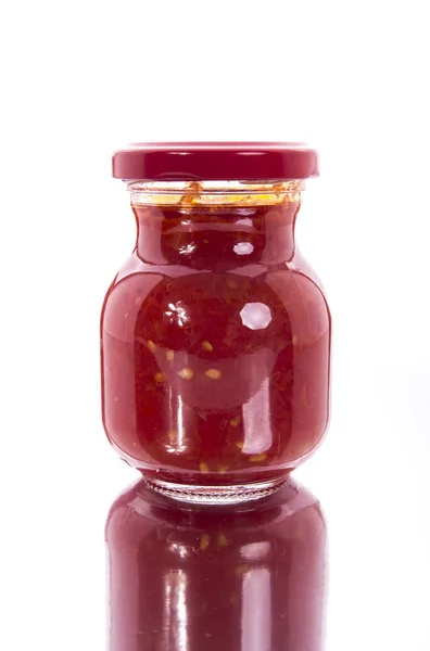 Glasburk Med Konserverad Riven Röda Tomater — Stockfoto