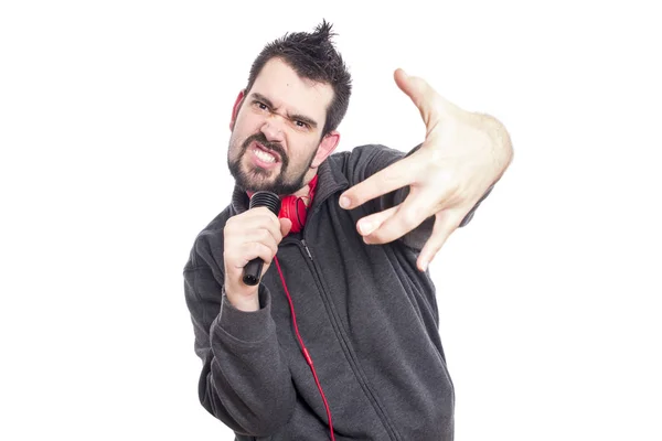 Cantor Rap Homem Segurando Cantando Microfone Estúdio Branco — Fotografia de Stock