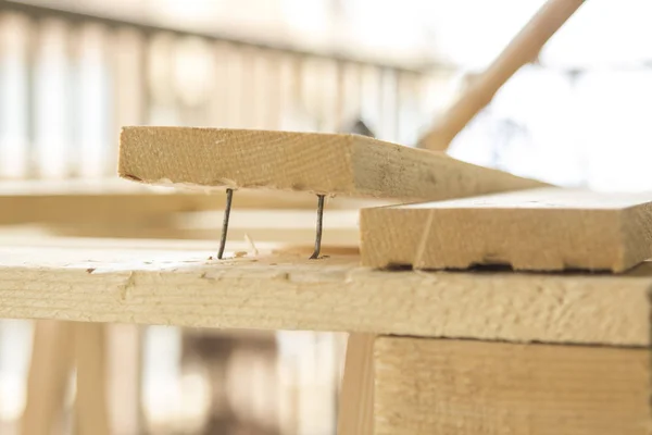 Wooden Furniture Planks Screws Table Workshop — Stock Photo, Image