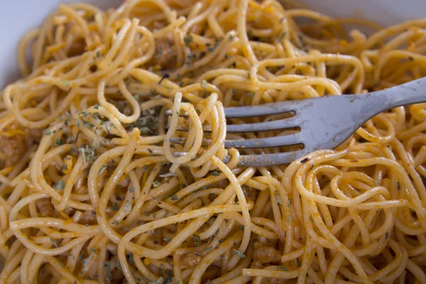 Tasty Spaghetti Noodles White Plate Fork — Stock Photo, Image