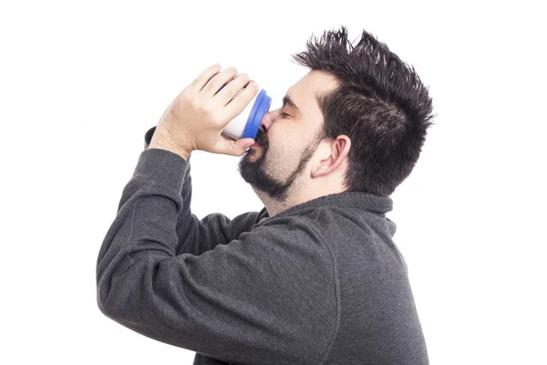 Hombre Caucásico Con Taza Café Estudio Blanco — Foto de Stock