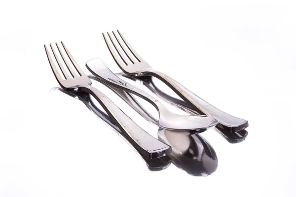 Metallic Forks Spoon White Surface Reflection — Stock Photo, Image