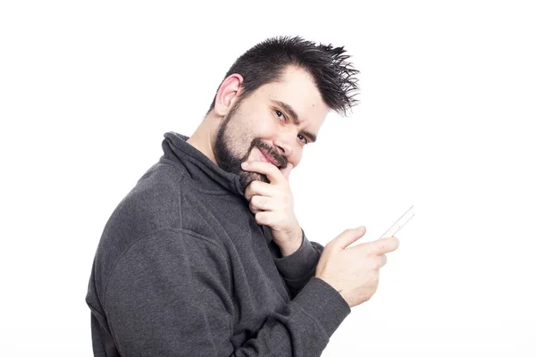 Feliz Sorridente Caucasiano Homem Segurando Telefone Celular Olhando Para Câmera — Fotografia de Stock