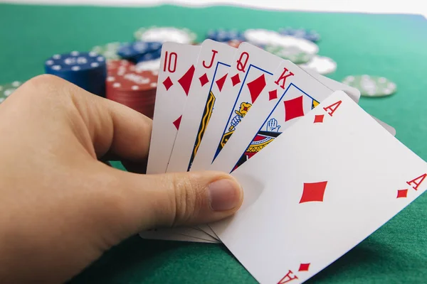 Vue Partielle Des Cartes Main Casino Table Vert — Photo