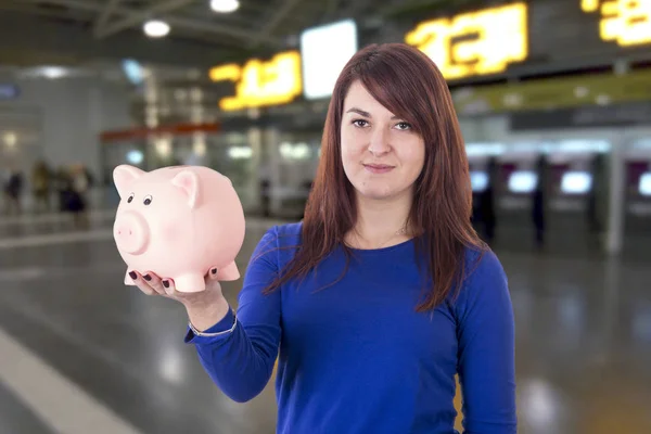 Woman Blue Clothes Holding Piggy Bank — Stock Photo, Image