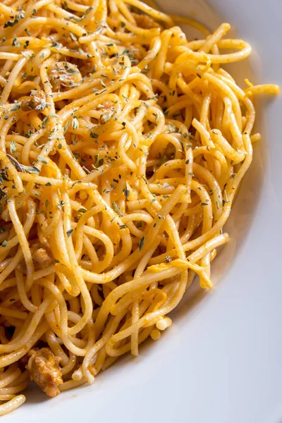 Tasty Spaghetti Noodles White Plate — Stock Photo, Image