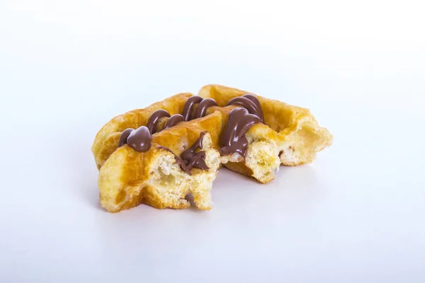 Bitten Belgian Waffle Chocolate Syrup White Surface Studio Shot — Stock Photo, Image