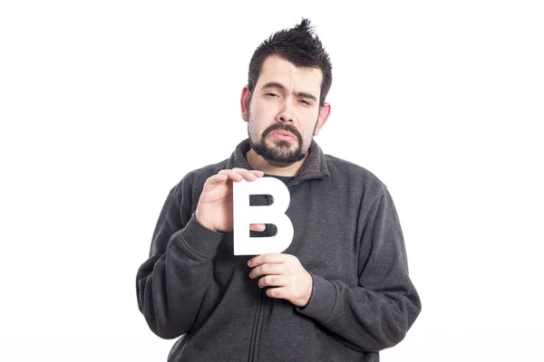 Triste Homem Segurando Alfabeto Letra Isolado Branco — Fotografia de Stock