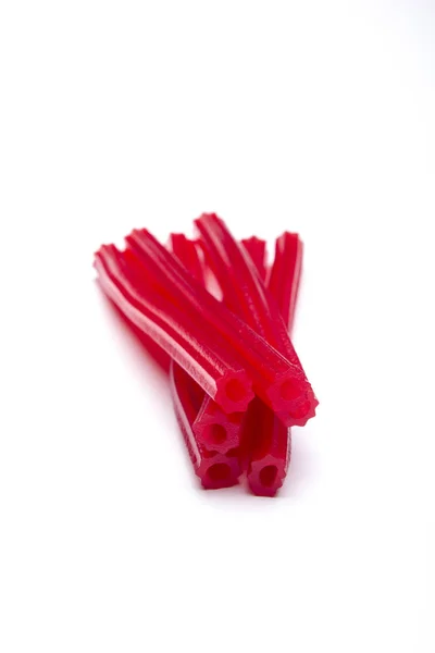 Sugary Bright Red Licorice Sticks Isolated White Copy Space — Stock Photo, Image