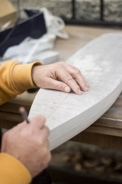 Partial View Man Manufacturing Mock Boat Model Using Pencil — Stock Photo, Image