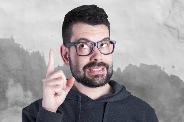 Portrait Man Wearing Glasses Keeping Finger Having Idea Pointing Finger — Stock Photo, Image