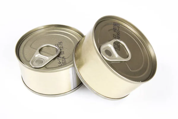 Two Closed Aluminum Cans Conserved Fish Tins Isolated White Studio — Stock Photo, Image