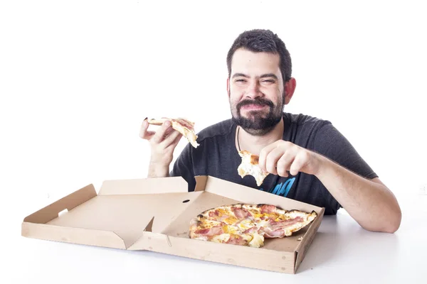 Hombre Feliz Sonriente Con Caja Pizza Estudio — Foto de Stock