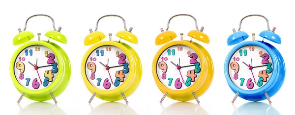 Colorful Alarm Clocks White Background — Stock Photo, Image