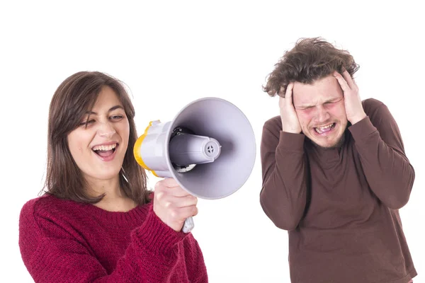 Retrato Jovem Casal Com Megafone Sobre Fundo Branco — Fotografia de Stock