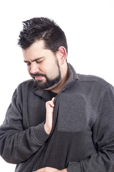 Hombre Caucásico Usando Suéter Gris Posando Estudio Con Fondo Blanco — Foto de Stock