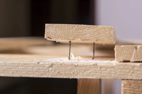 Wooden Furniture Planks Screws Table Workshop — Stock Photo, Image