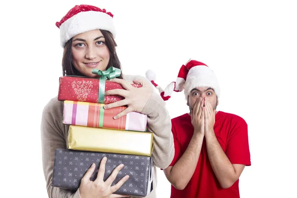 Woman Santa Claus Red Hat Holding Presents Man Standing Covering — Stock Photo, Image