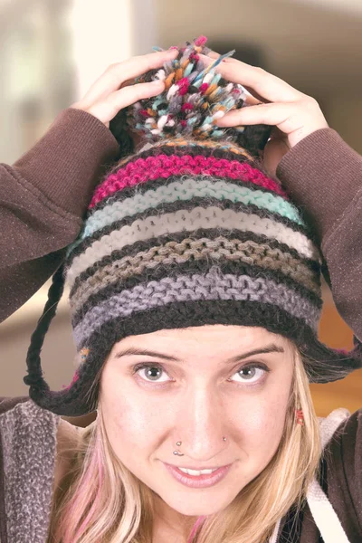 Woman Wearing Warm Hat Bonnet Touching Head Close Portrait — Stock Photo, Image