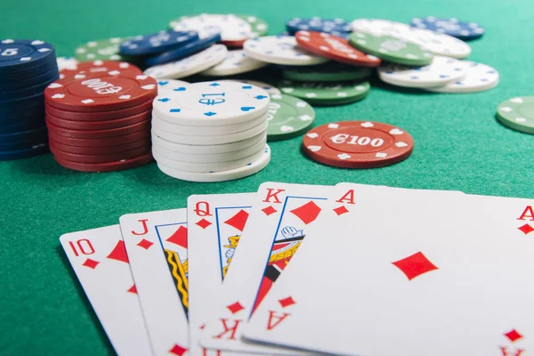 Poker Game Playing Cards Green Table Casino — Stock Photo, Image
