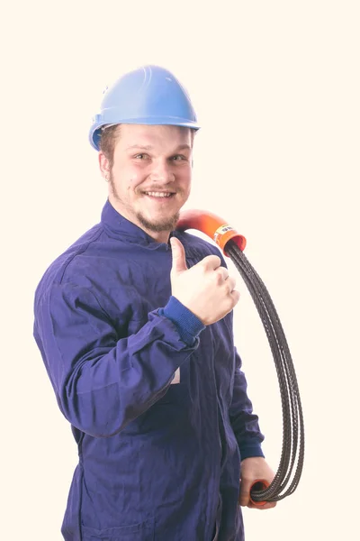 Homem Caucasiano Com Cabos Tensão Eletricista Cara Sorrindo Mostrando Polegares — Fotografia de Stock