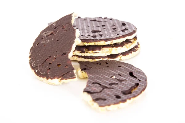 Galletas Infladas Arroz Partido Con Chocolate Aislado Blanco Cerca — Foto de Stock