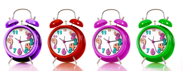 Relógios Alarme Coloridos Fundo Branco — Fotografia de Stock