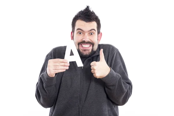 Homem Segurando Alfabeto Letra Isolado Branco — Fotografia de Stock
