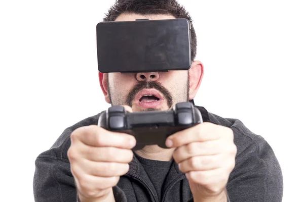 Gamer Hombre Con Gafas Uso Joystick Juego —  Fotos de Stock