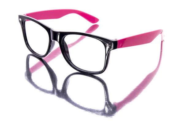 Óculos Rosa Pretos Superfície Branca Com Reflexão — Fotografia de Stock