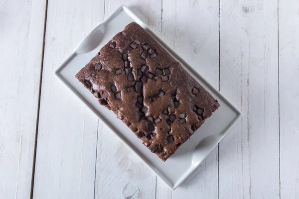Bovenaanzicht Van Bruin Gebakken Chocoladetaart Brownie Plaat Dienblad — Stockfoto