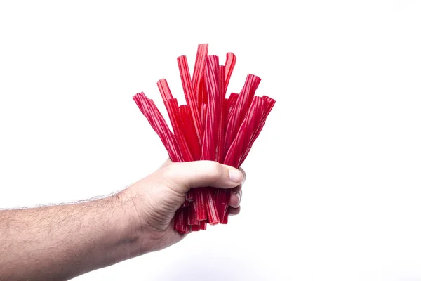 Bijgesneden Afbeelding Van Hand Hebt Gummy Snoepjes Voor Zoete Rode — Stockfoto