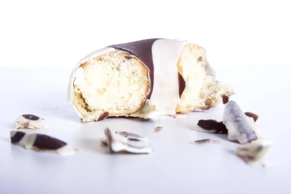 Bitten Chocolate Glazed Doughnut White Surface Crumbs — Stock Photo, Image