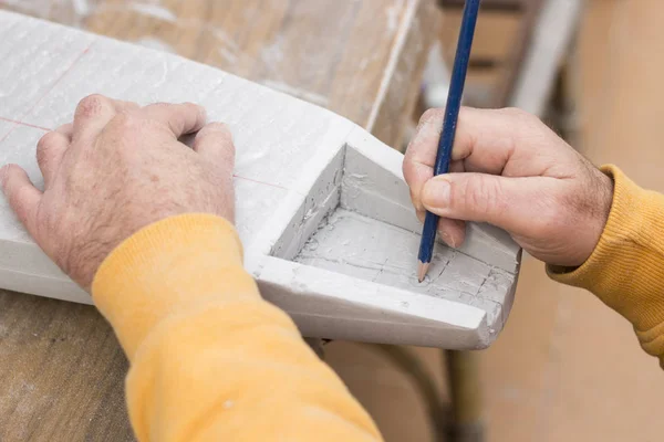 Partial View Man Manufacturing Mock Boat Model Using Pencil Stock Image