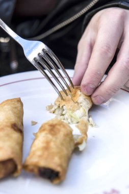 kişi kesme lezzetli pişmiş bahar rulo plaka üzerinde sebzeli kırpılmış görüntü 