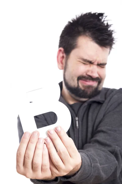 Unhappy Caucasian Man Showing Letter Studio White Background — Stock Photo, Image